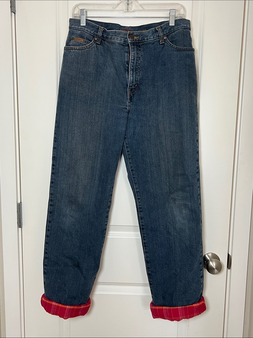 Eddie Bauer Flannel Lined Red Yellow Plaid Women Dark Blue Jeans Size 12